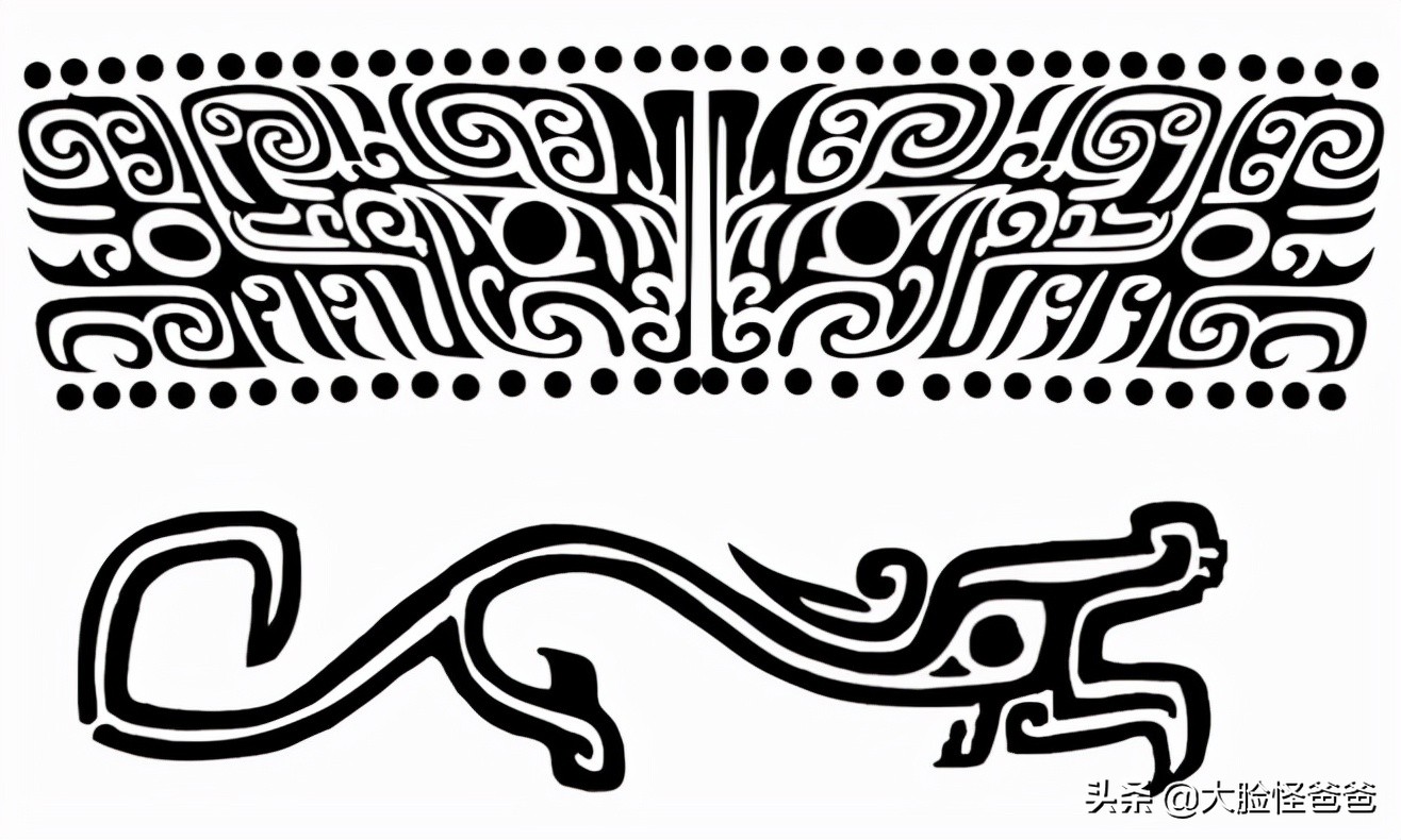 这些貌似兽面的纹路,早期的大部分都是对称的夔龙纹.