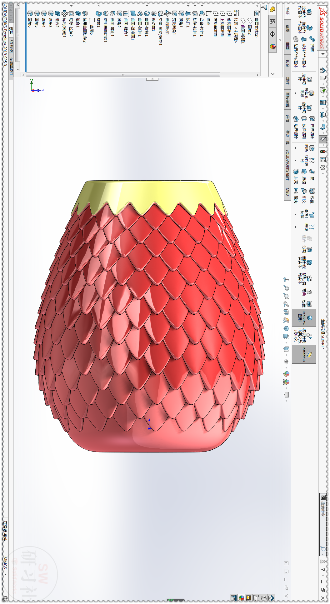 用SOLIDWORKS画个鱼鳞花瓶，绘图很简单，就是运算有点慢