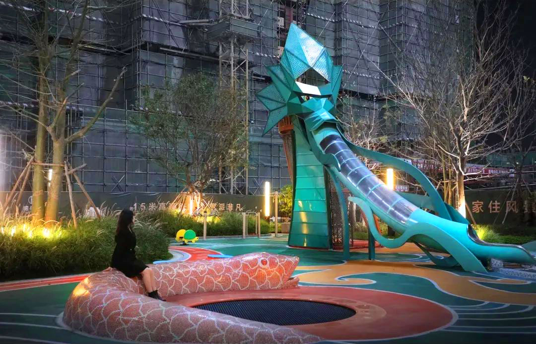 国潮青龙造型滑梯创意设计东方龙型不锈钢滑梯儿童主题乐园