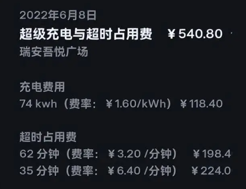 特斯拉车主充电花118元，超时费却高达400多，怒斥费用比加油还贵