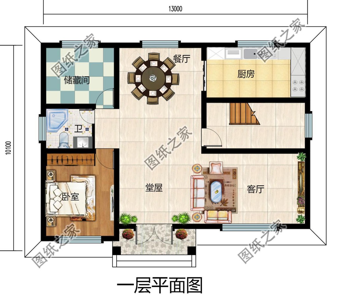 效果图正面效果图侧面效果图鸟瞰效果图设计功能:一层平面图一层户型