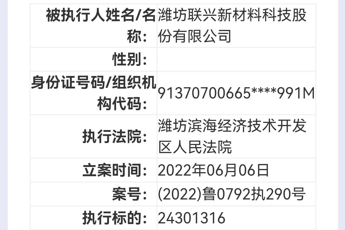 潍坊联兴新材料列为被执行人，执行标的5000万元