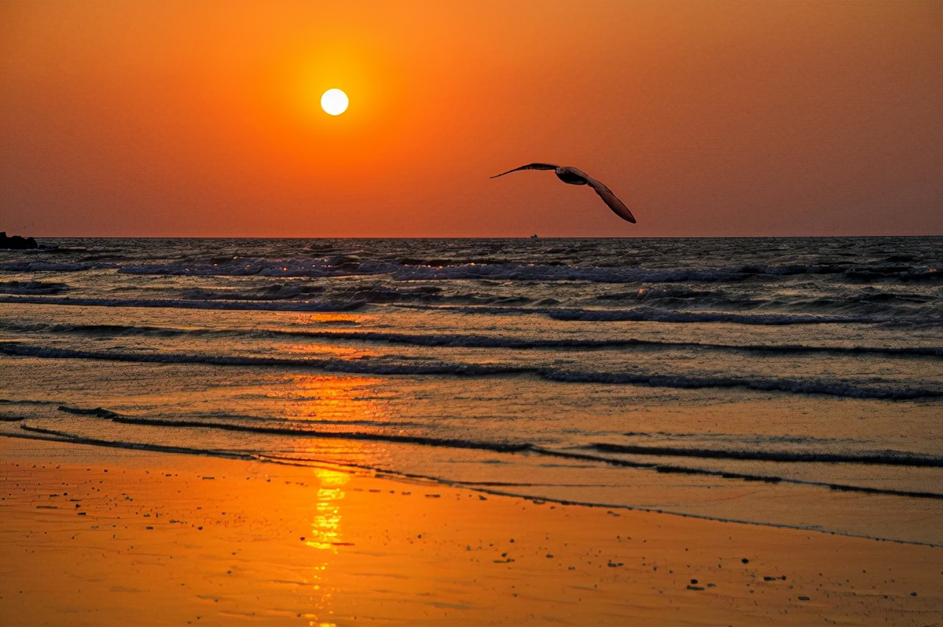 海边的夕阳，一片橙红橙红的