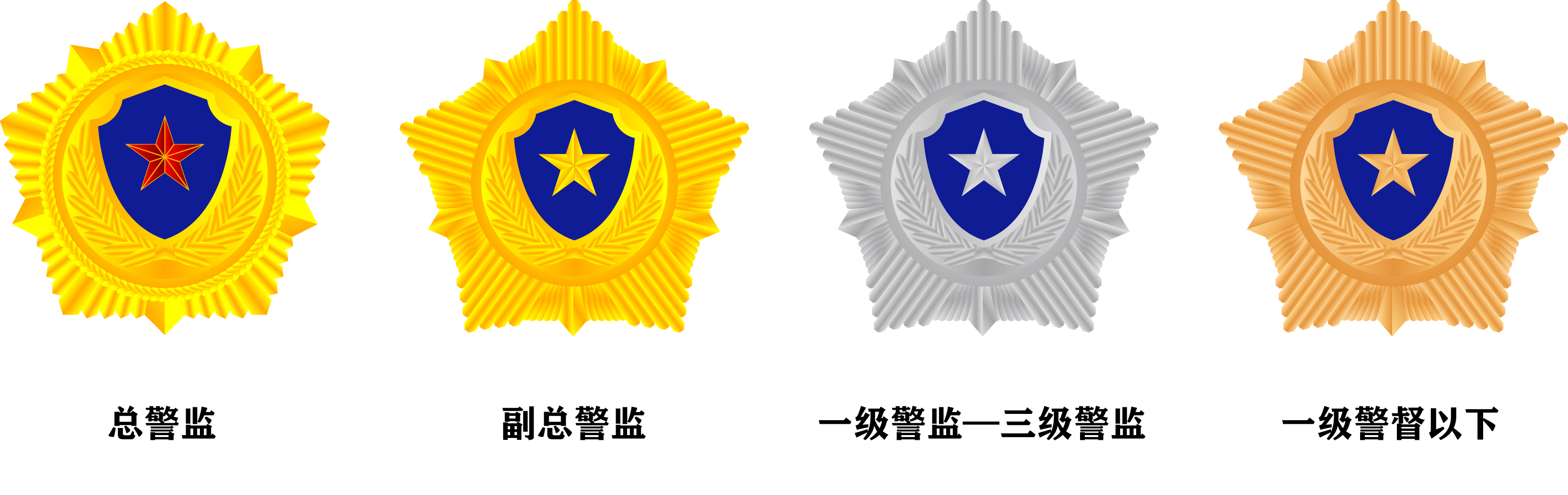银盾章,人民警察蓝盾章三种,其中金盾章是指总警监警衔和副总警监警