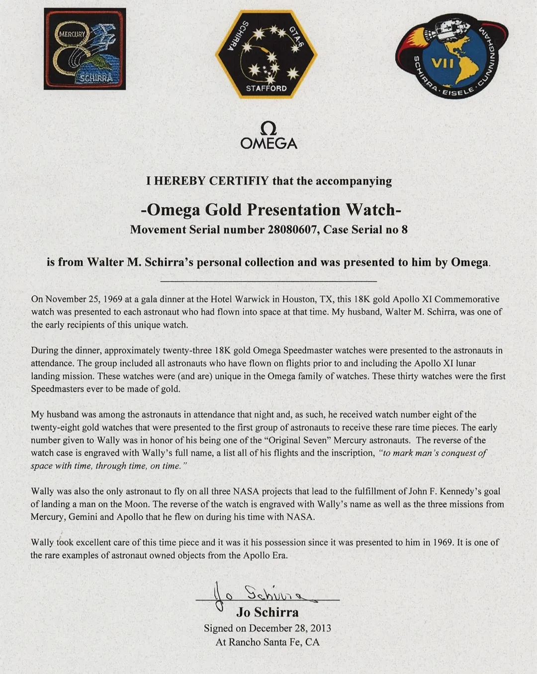 欧米茄10月20日，一枚曾属于美国宇航员WalterSchirra的
