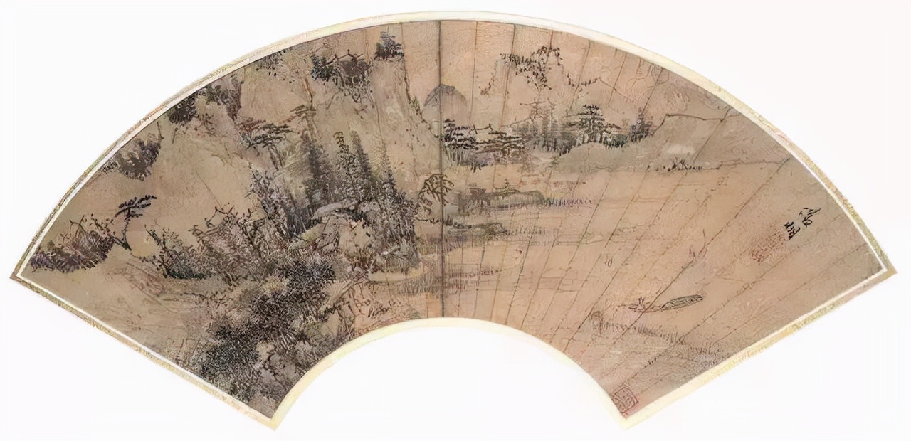 山重峦复，松柏耸立.衡山居士国画扇面图