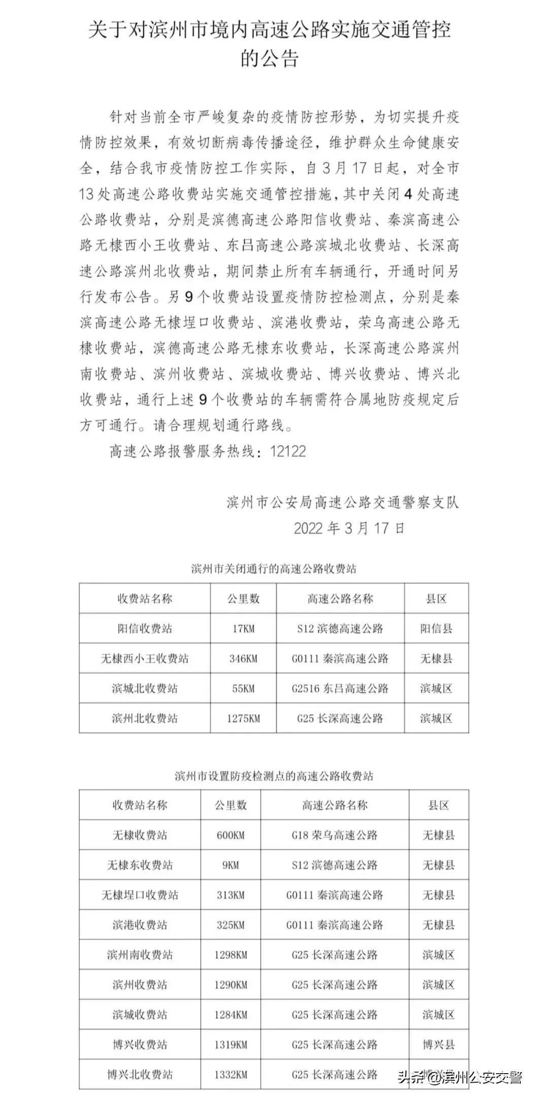 关于对滨州市境内高速公路实施交通管控的公告