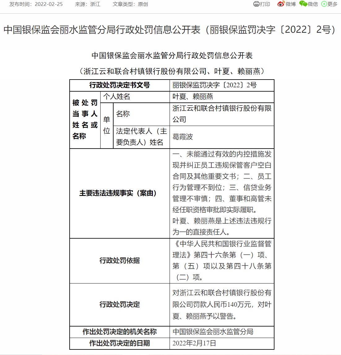 监管动态｜浙江云和联合村镇银行收到历史首张罚单！因员工行为及信贷管理失责等被罚140万元