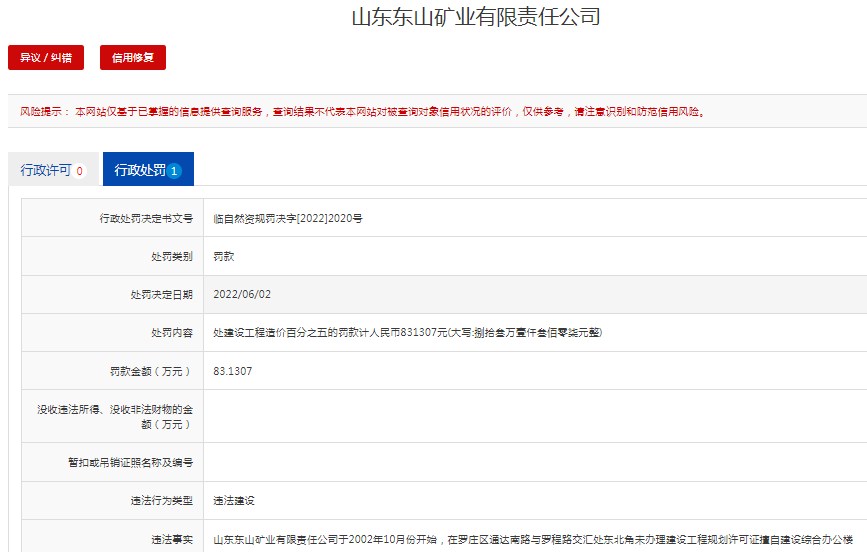 涉嫌违法建设，山东东山矿业被罚款83万余元