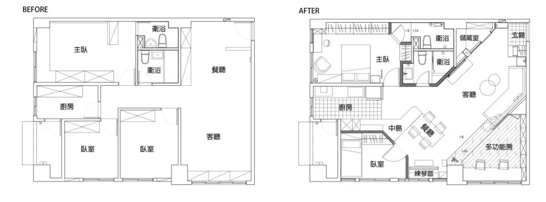 92㎡户型改造，斜切动线太惊人！多了除藏室还有大中岛