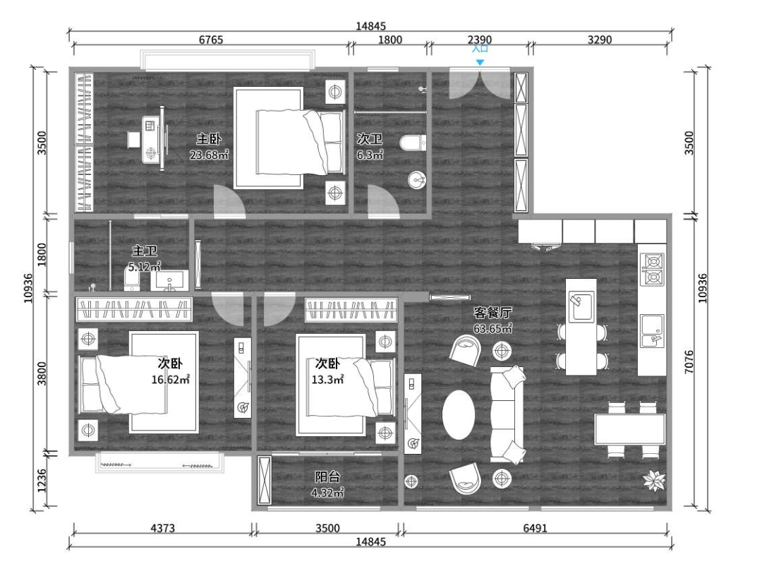 三房两厅装修效果图133：现代简约风格客厅卧室设计实景展示