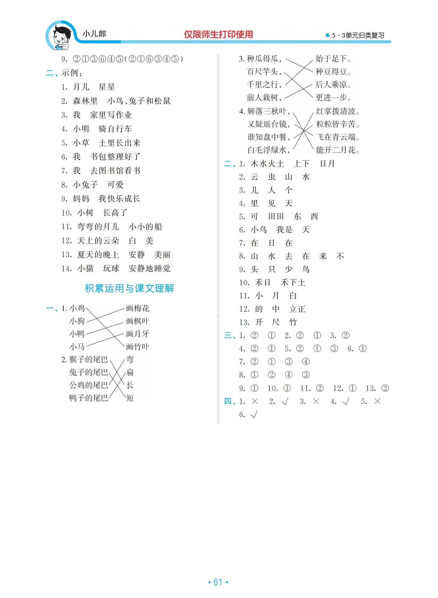 一年級語文上冊單元?dú)w類復(fù)習(xí)資料，好東西，值得收藏