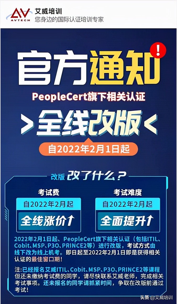 紧急，2022年2月1日起ITIL 、P2、MoP官方考试费全面上涨