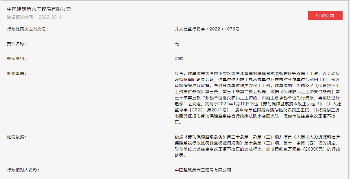 中建六局因分包單位拖欠工資被罰2萬元