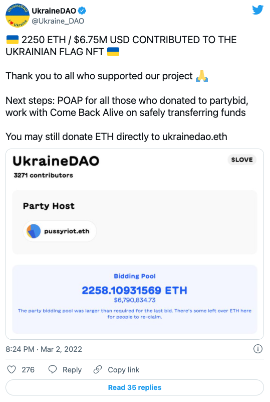 UkraineDAO筹集了超过700万美元的加密货币来援助乌克兰