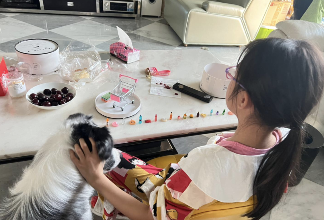 李小璐晒女儿假期生活，甜馨与宠物狗一起卖萌，上小学已经近视