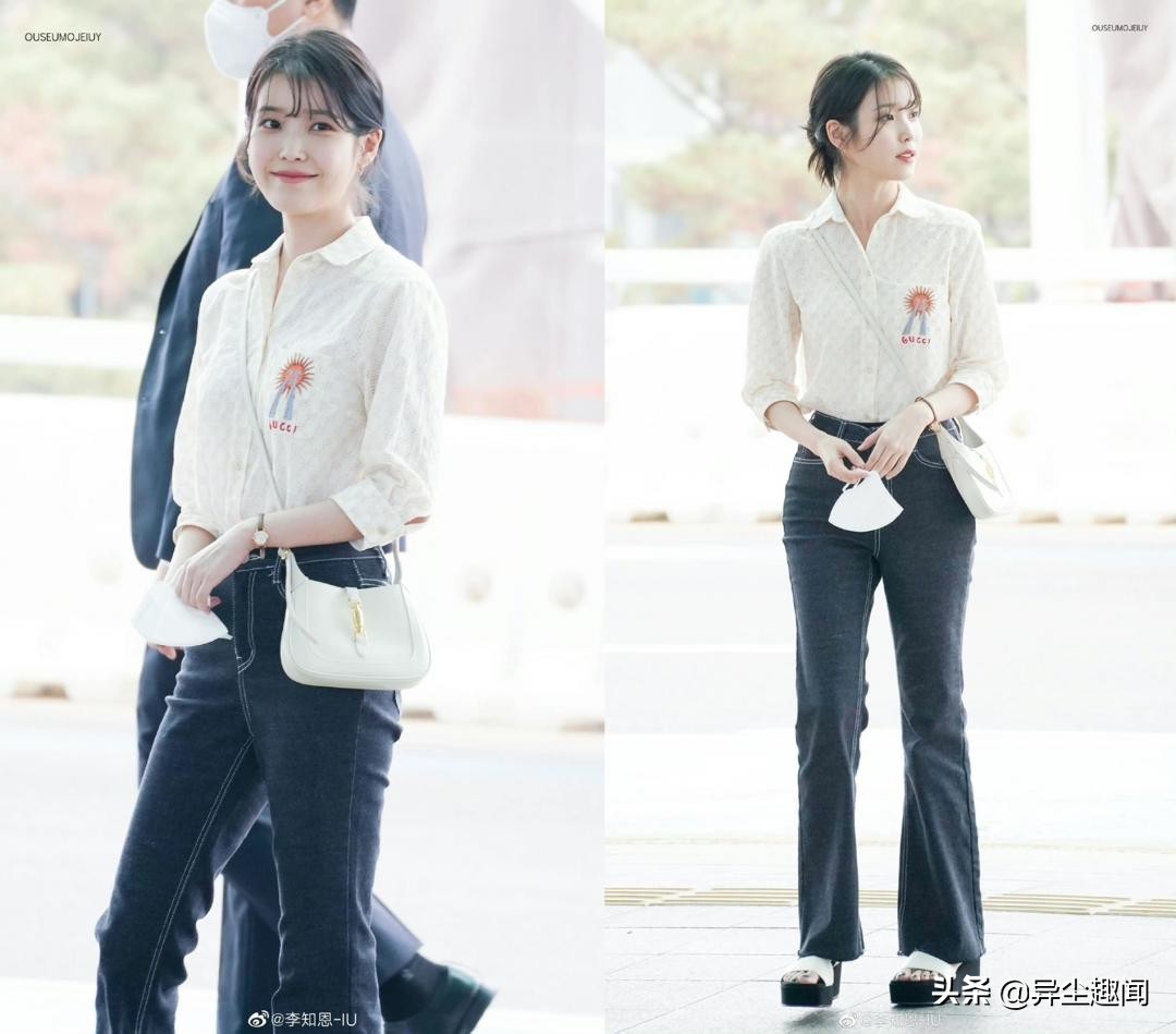 iu飞往日本宣传电影,机场时尚造型看似简单但因为高腰剪裁的牛仔裤而
