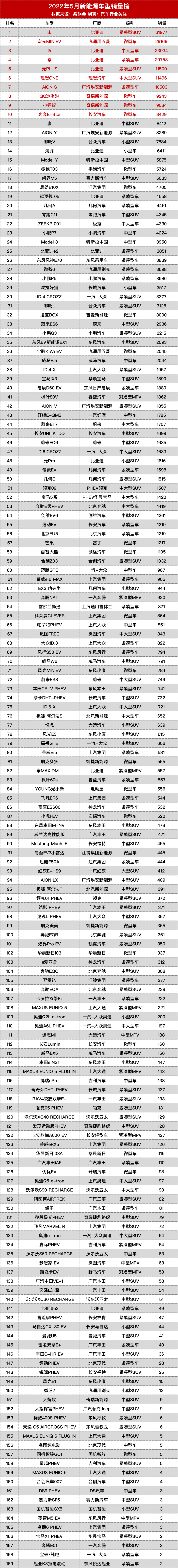 22年5月新能源全车系销量榜