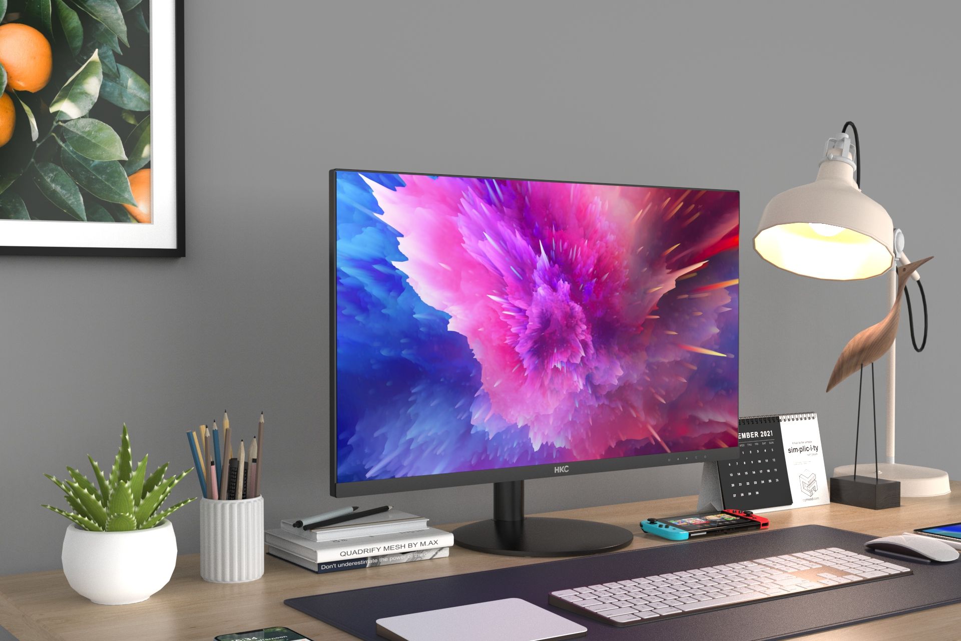 hkc t2752q外观使用了传统黑色设计方案,正脸是一块27寸的2k屏幕,使用