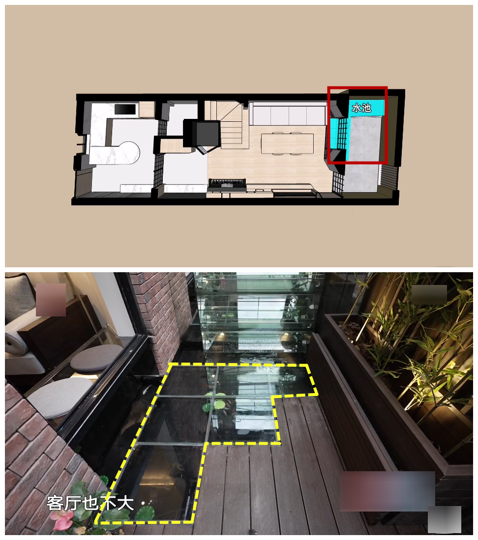 院子再小也要造个水景，鱼池上面架玻璃，人在上面走，鱼在下面游
