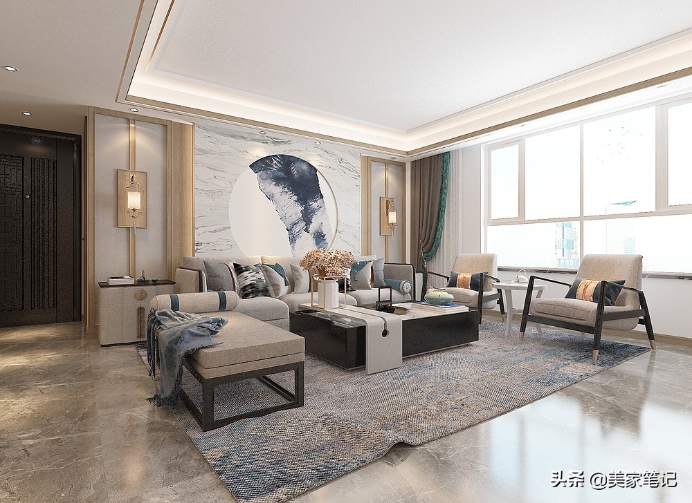 客厅客厅客厅设计了整面大理石做电视背景墙,与定制的岩板地台合为