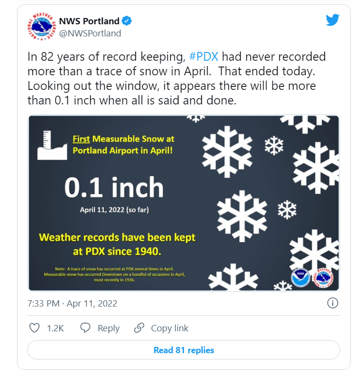 82年来首次！美国波特兰4月罕见降雪，地球在进入“小冰河”了？