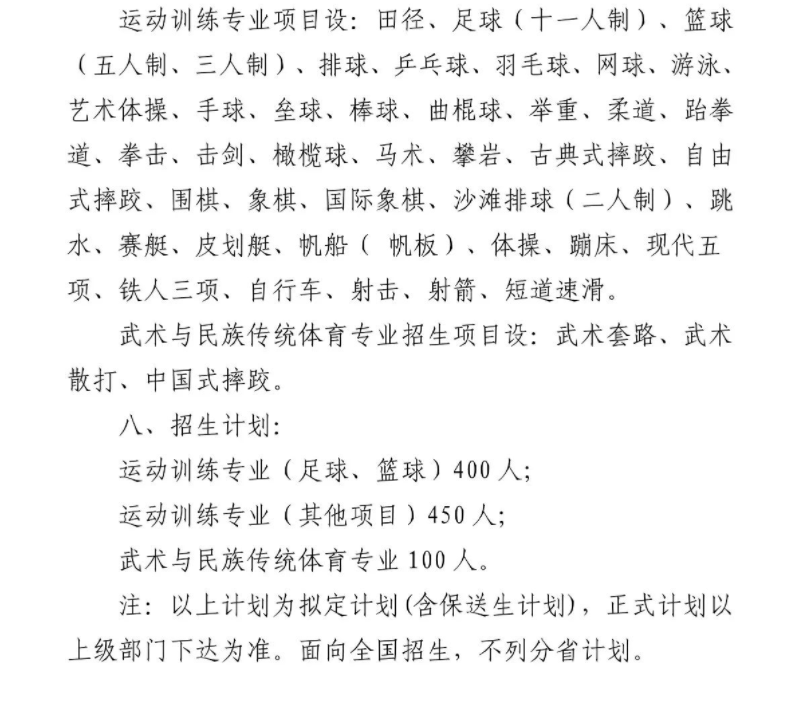 2022年体育单招分项目招生计划汇总