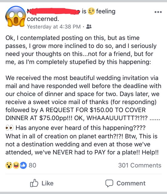 美国情侣收到朋友婚礼请帖，却被告知要自付近千元餐费