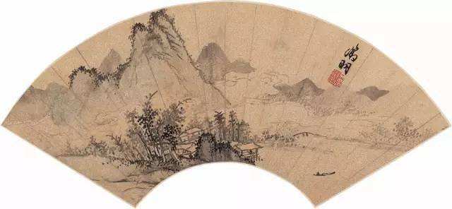 山重峦复，松柏耸立.衡山居士国画扇面图