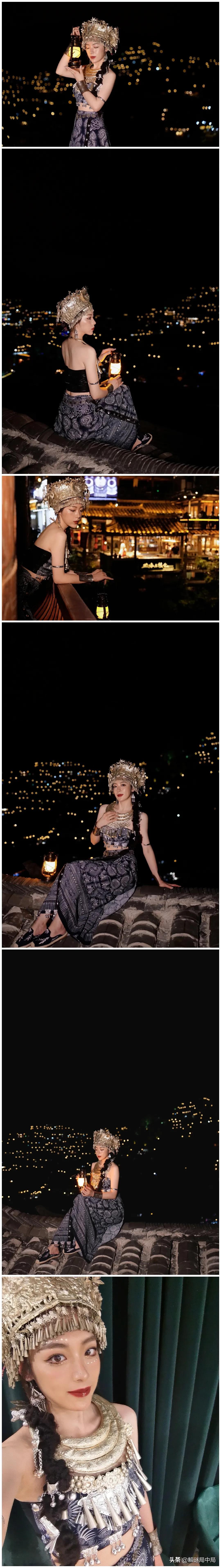 贵州女主持人，穿苗族服装在苗寨游玩，以夜色为被，太高贵冷艳了