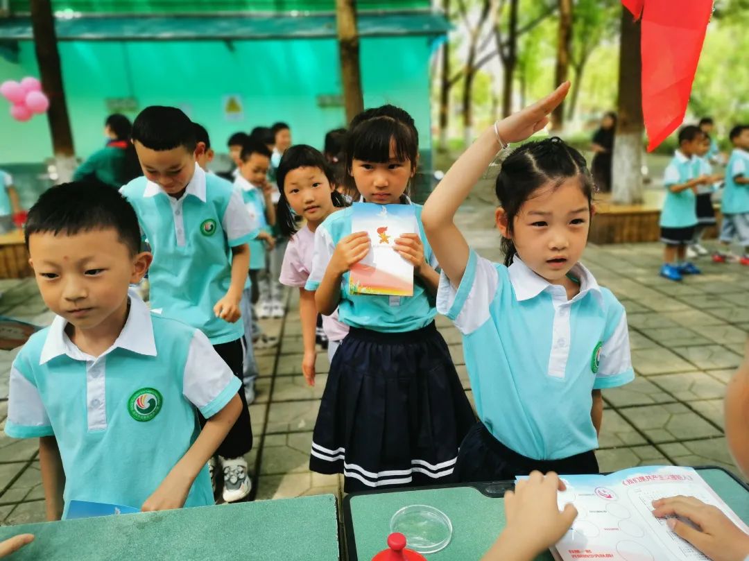 四川天府新区永兴小学一年级的孩子们在香樟林开展入队闯关活动