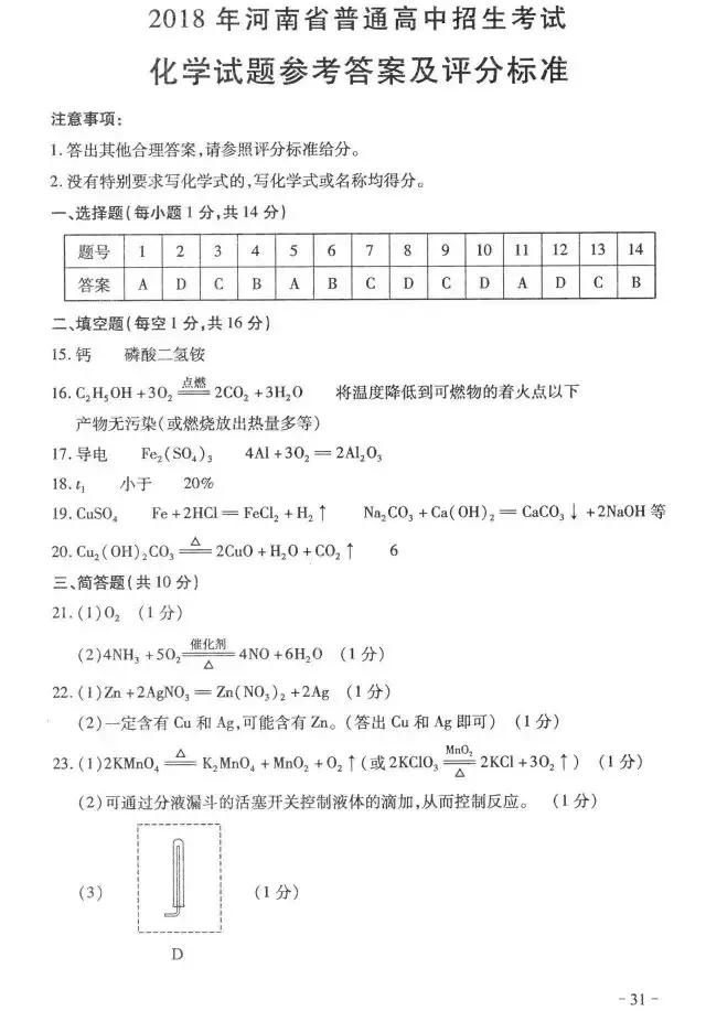 河南历年中考真题——化学试卷（含答案）