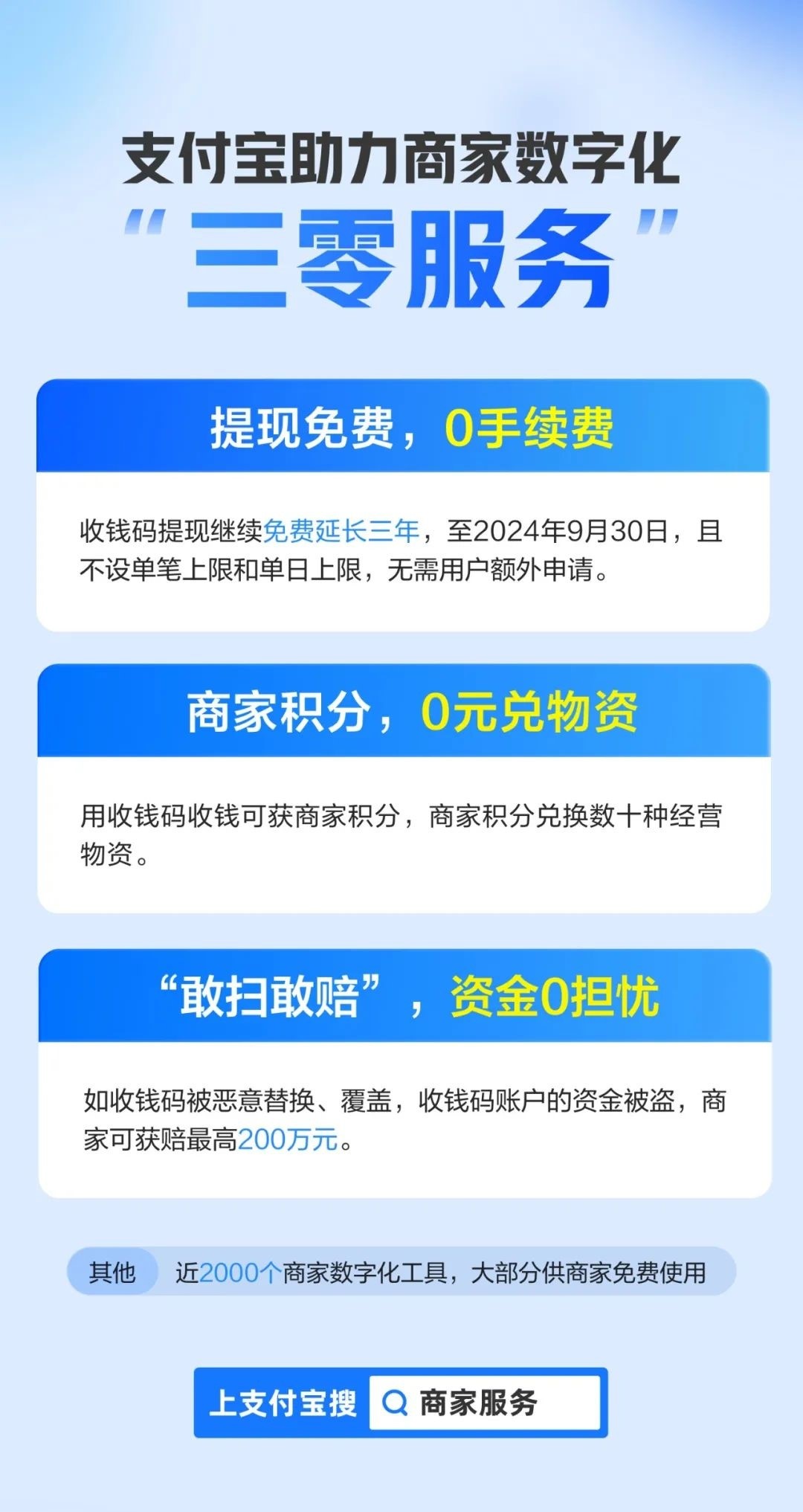 支付宝向小微商家推出“三零”服务，有小程序商家还能免费推广