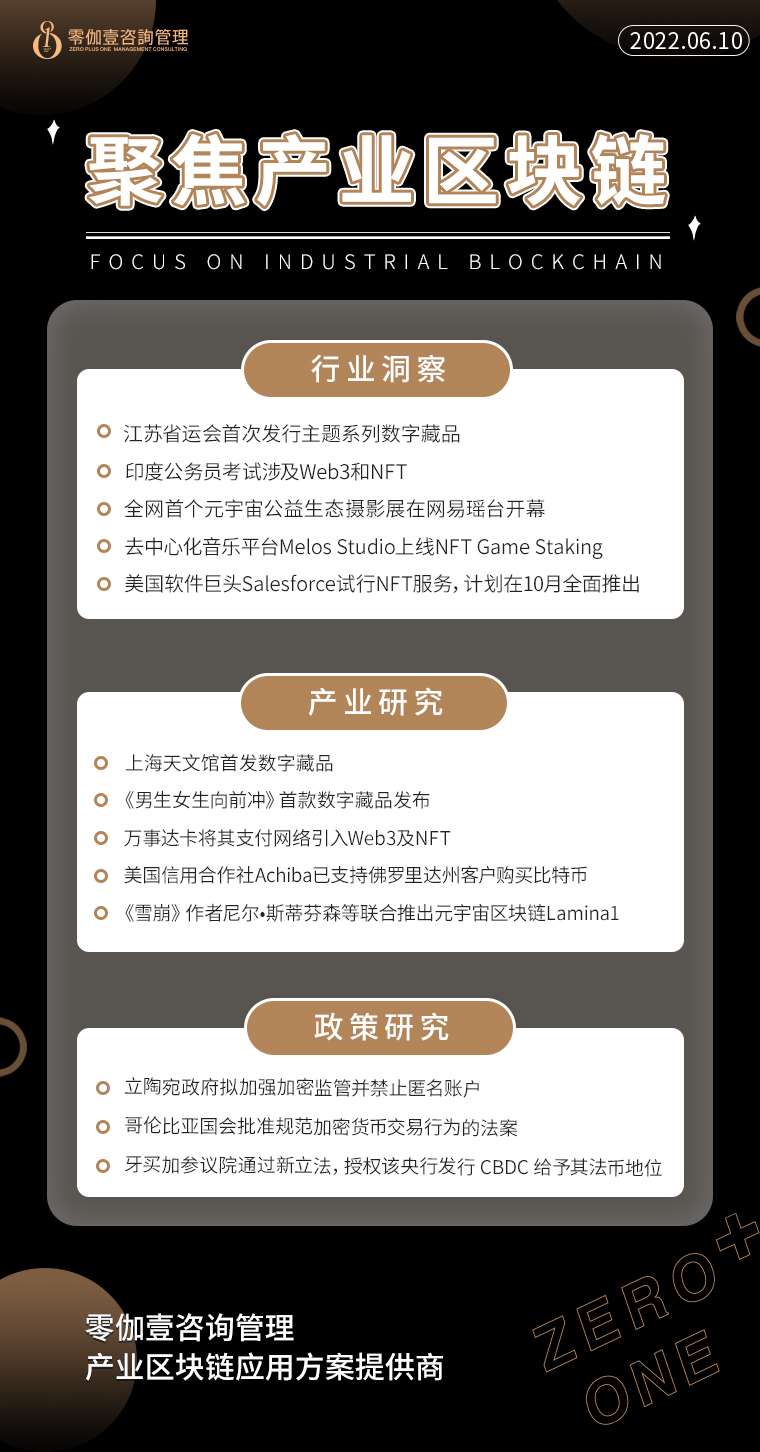 6.10产业区块链新资讯，零伽壹整理收集分享！