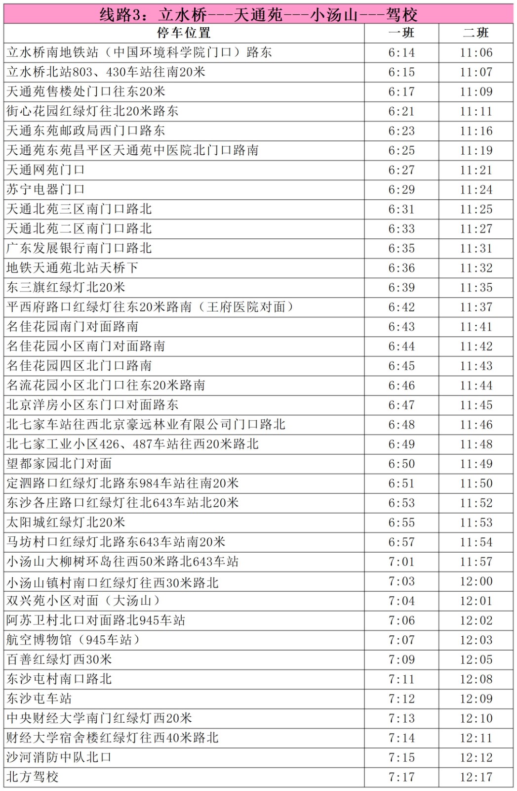 马池口北方驾校，北方驾校班车路线