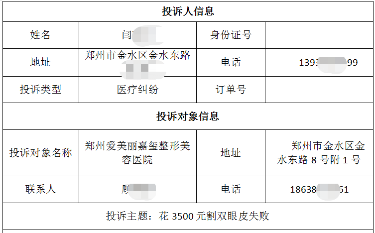 郑州闫女士投诉爱美丽嘉玺整形美容医院