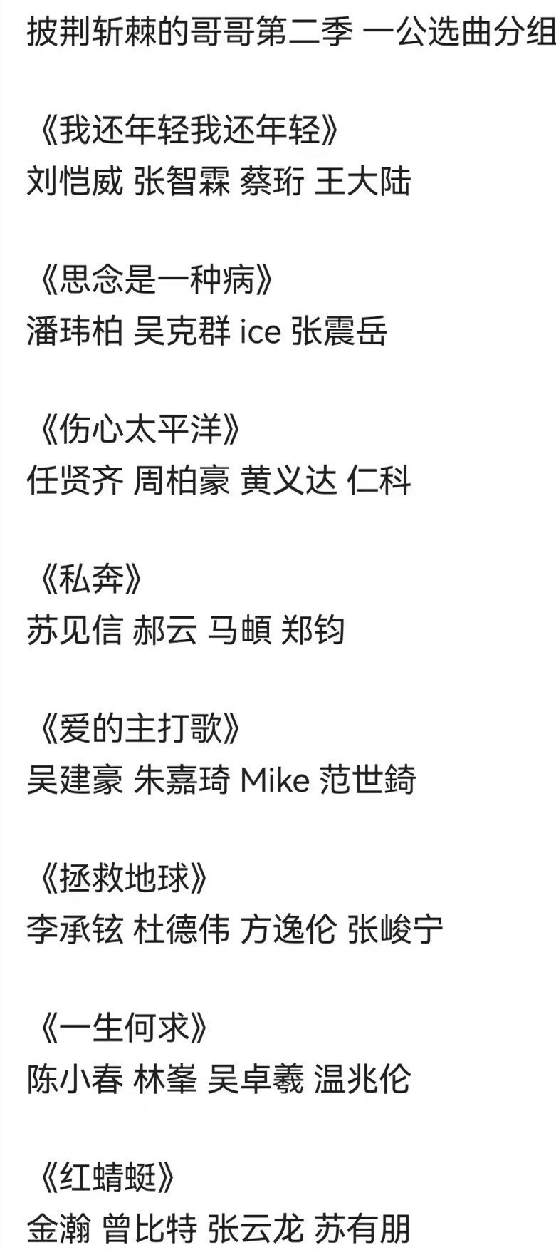 披哥2：初舞台歌单及打call阵容、一公选歌分组及结果，都在这里