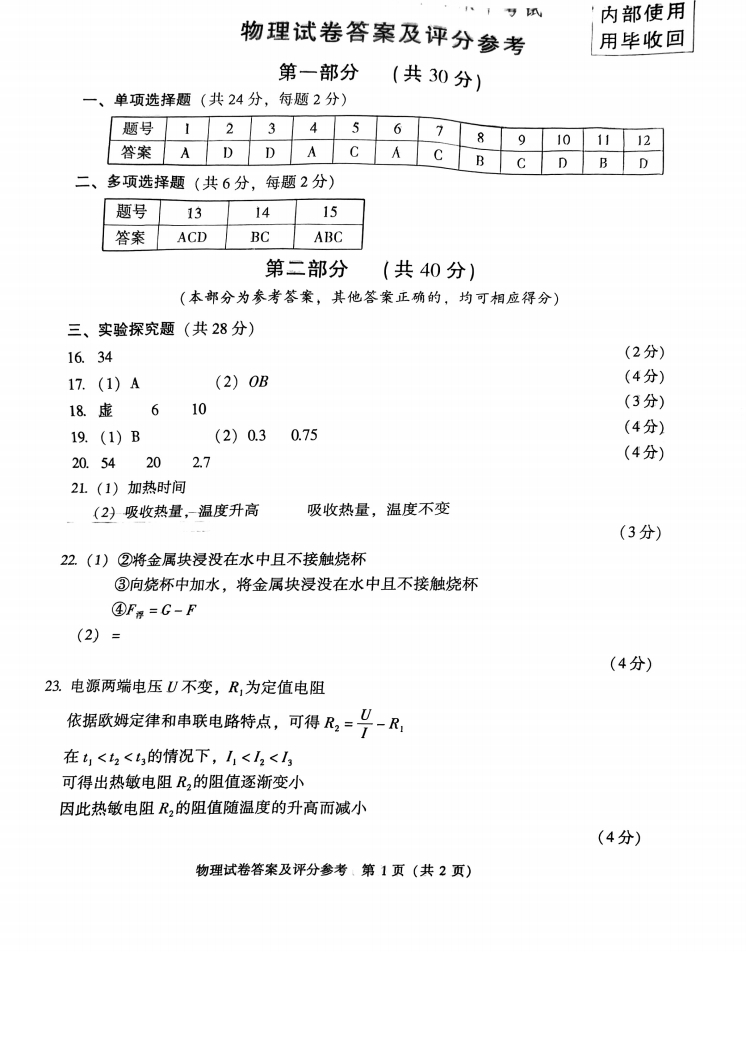 2023年北京市中考物理真題（含參考答案）