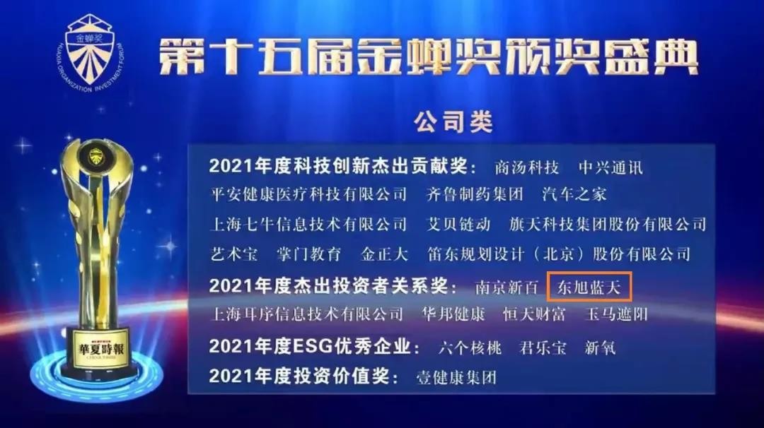 东旭蓝天凭投资者关系管理服务再度荣获金蝉奖