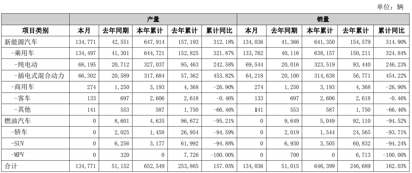 比亚迪6月销售新能源汽车13.4万辆，上半年累销超64万辆