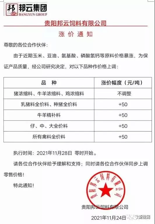 又涨了！海大、正大、新希望、傲农、特驱等一批饲料企业宣布涨价100元/吨