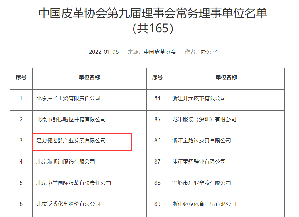 中国皮革协会第九届理事会常务理事名单公布 足力健老人鞋在列