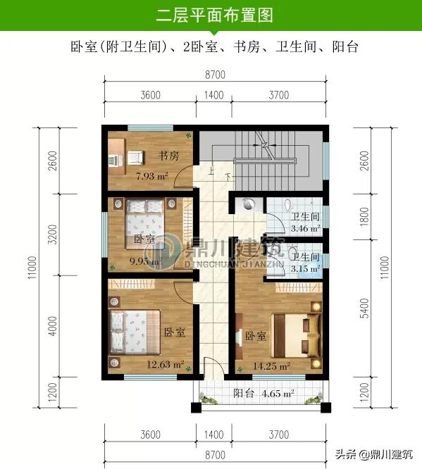 8.7×11米经济型别墅,坡屋顶+平屋顶结合,4卧2厅1书房很实用