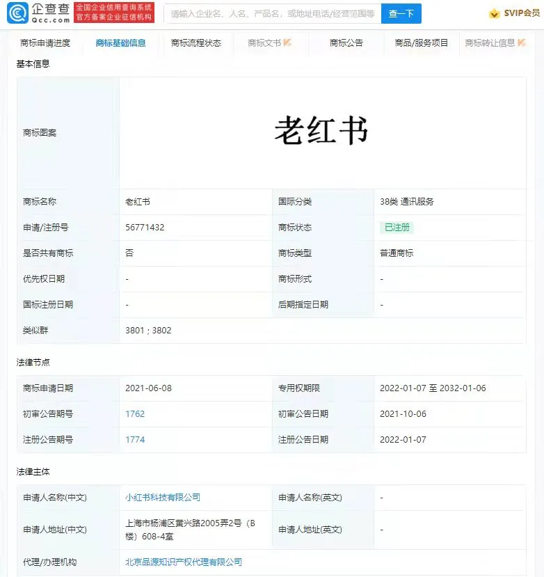 小红书申请“老红书”商标获批，国际分类涉通讯服务