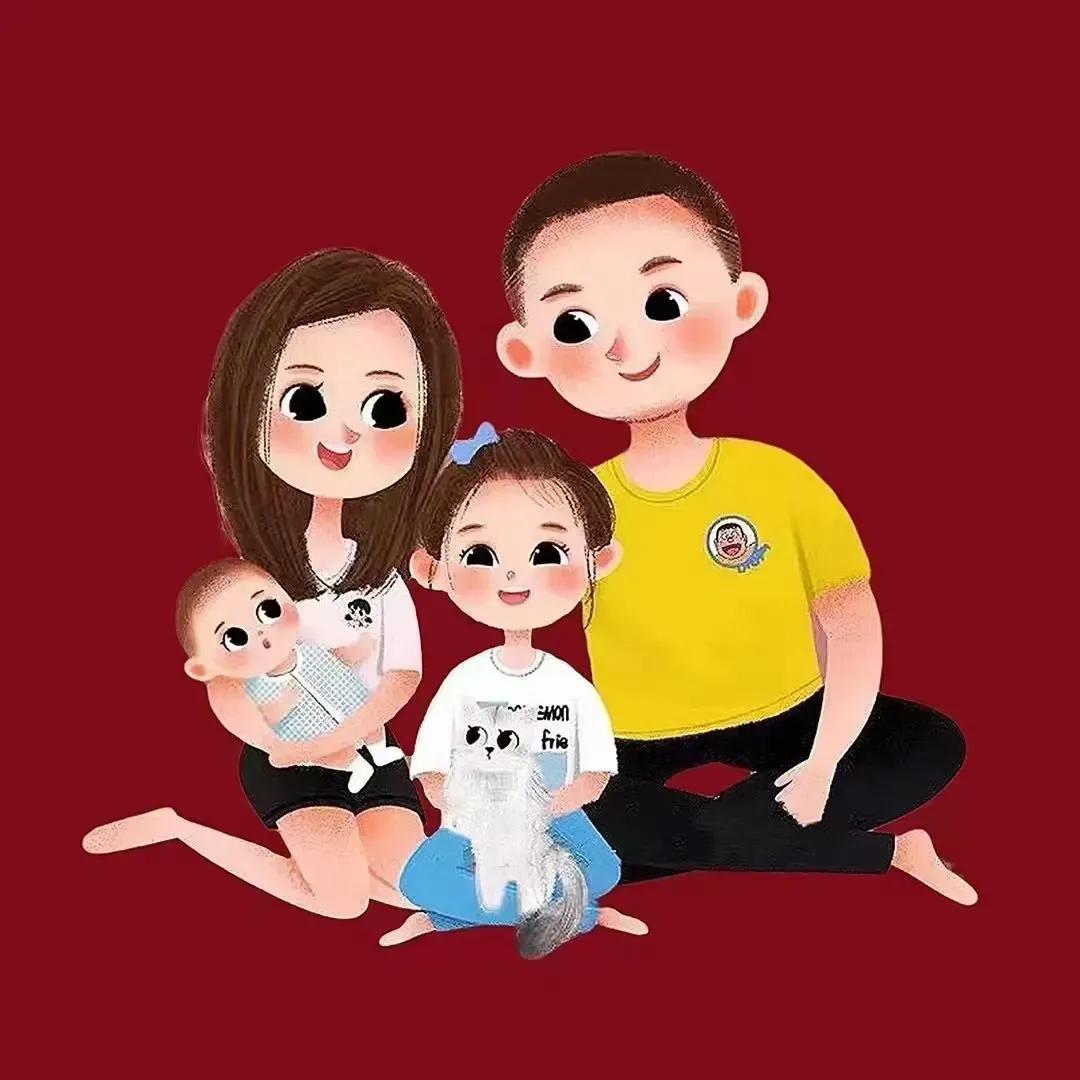 2022新年红全家福头像,一家四口可爱卡通家庭图片,虎年平安喜乐