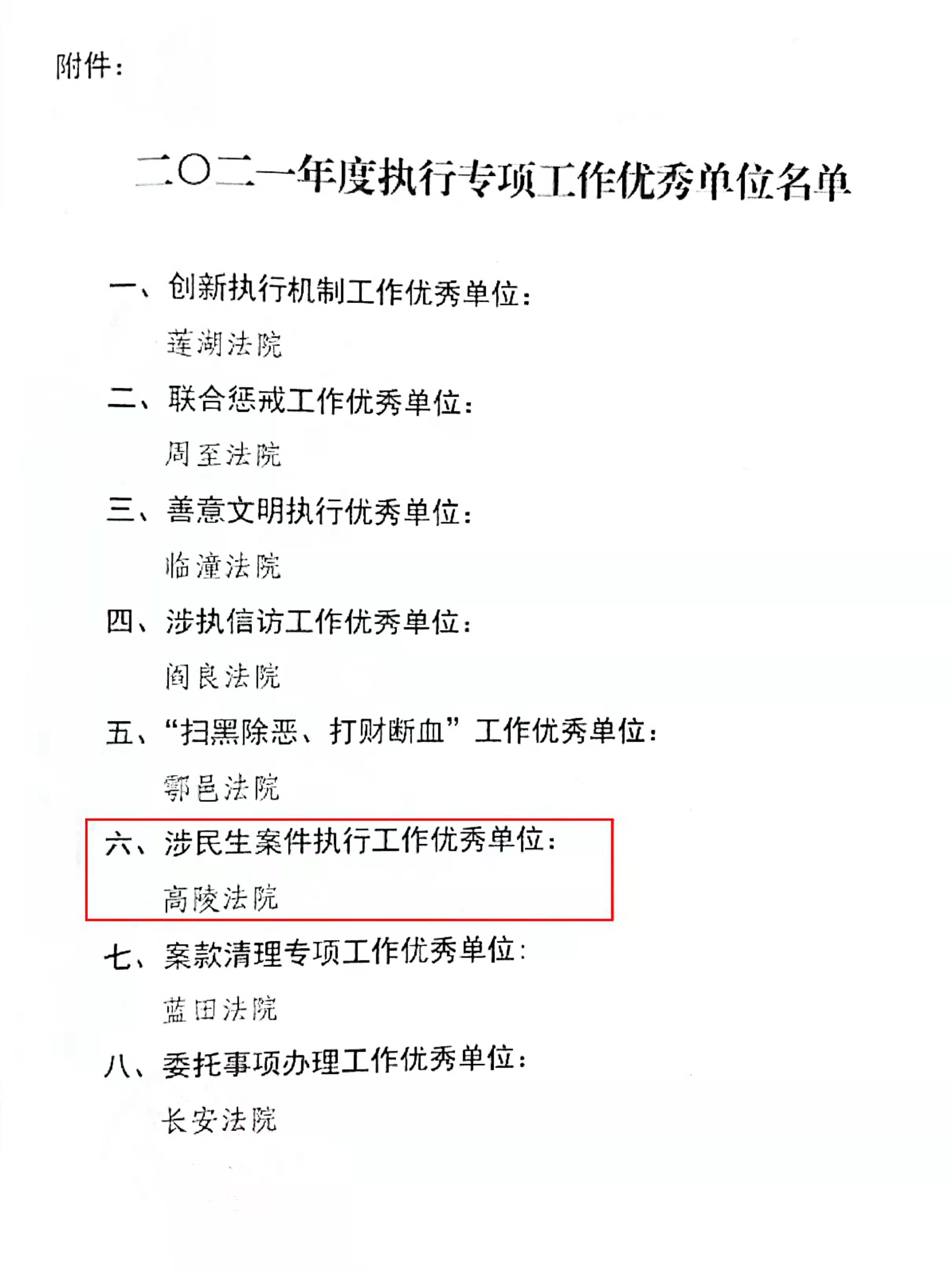 西安高陵法院荣获全市法院涉民生案件执行工作优秀单位