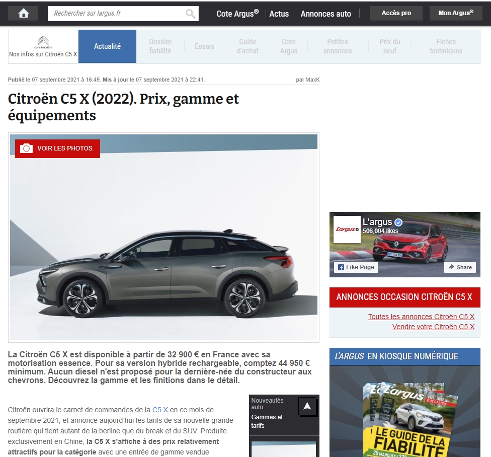 就在昨天晚上11点钟，法国汽车媒体正式公布了雪铁龙C5X的官方售价图1,2