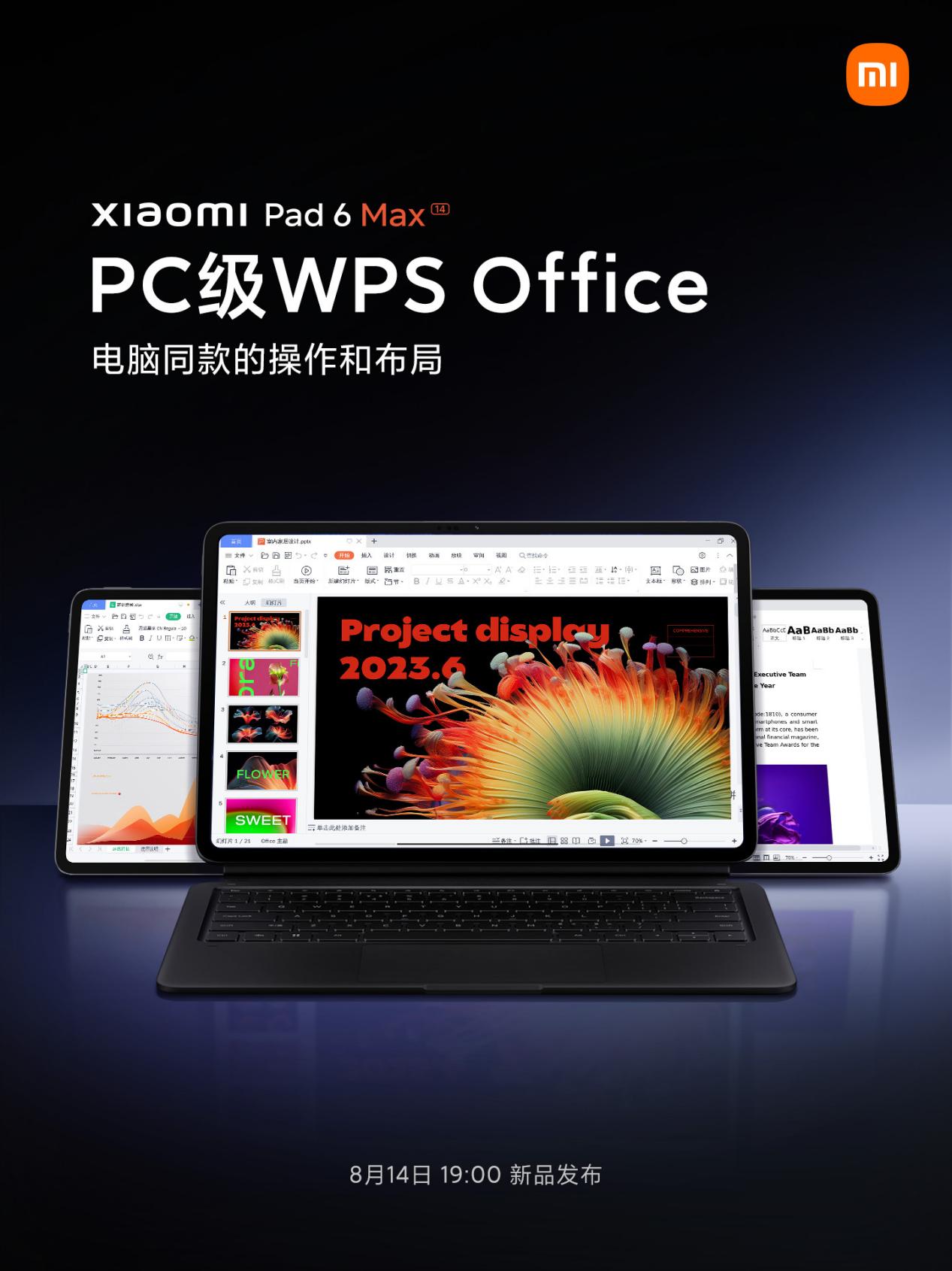 支持PC级WPS，14英寸小米平板6 Max 14周一发
