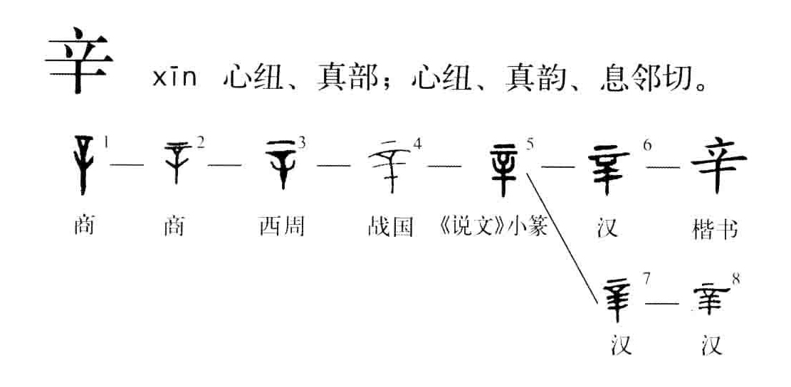 辛字演变(《字源》)《说文解字》认为,辛"秋时万物成而孰,金刚,味辛