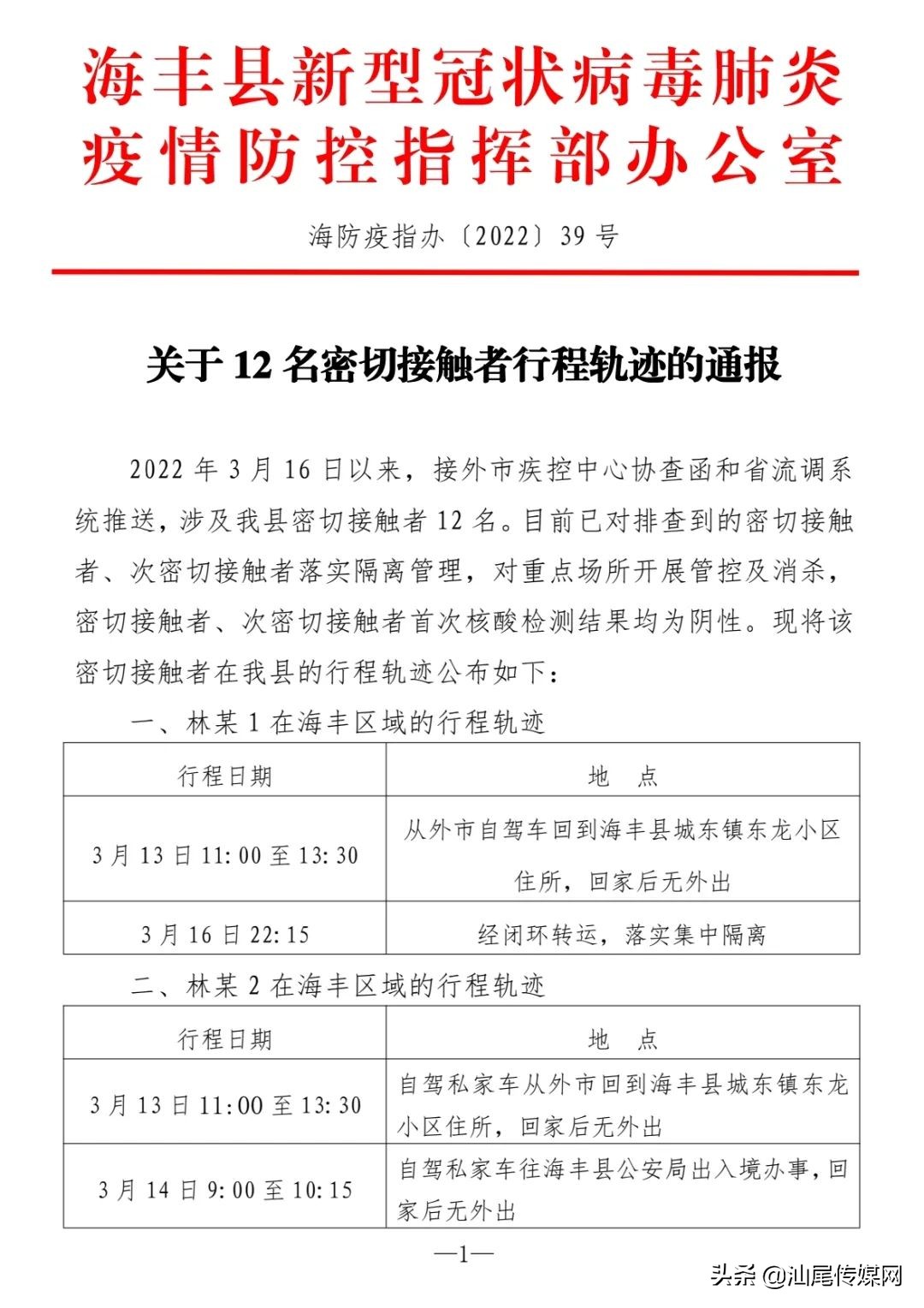 关于12名密切接触者行程轨迹的通报